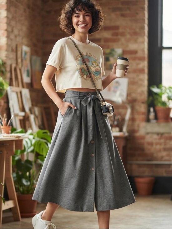 Vintage Dresses & Skirts - Esprit Vintage Wool Midi button up Skirt Grey 7-8